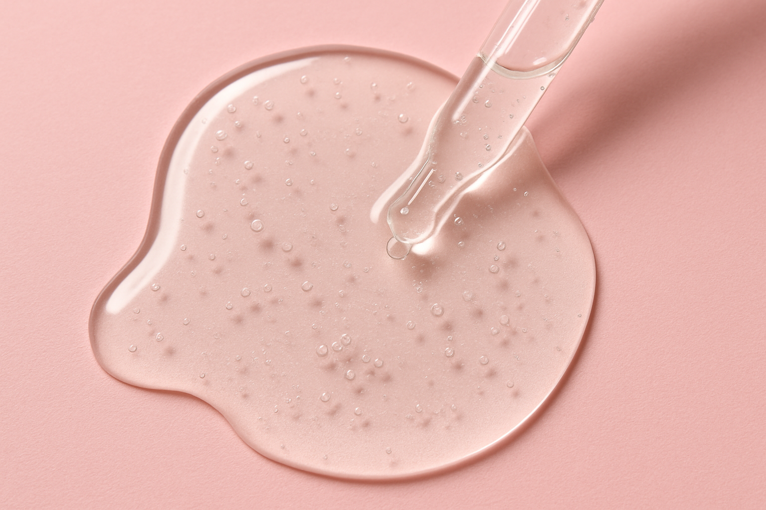 closeup image of clear serum creating puddle on a pink backgruond